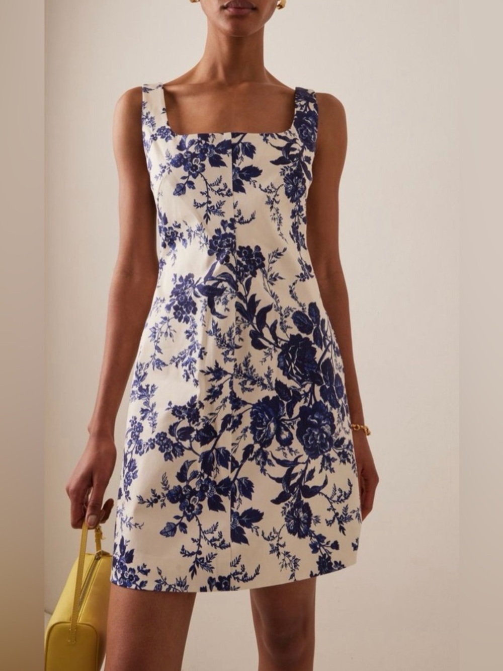 Cara Cara Sandra Sleeveless Square-Neck Floral Print Dress in Blue and Cream